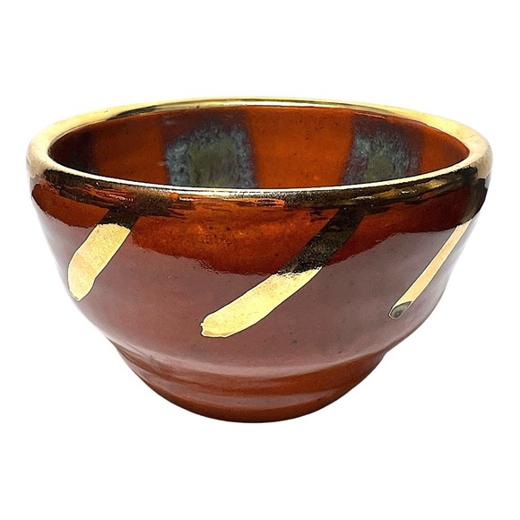 Stoneware Pottery Bowl with Genuine 18k Gold Trim in Rust & Olive Layered Glazes - Picture 4 of 13